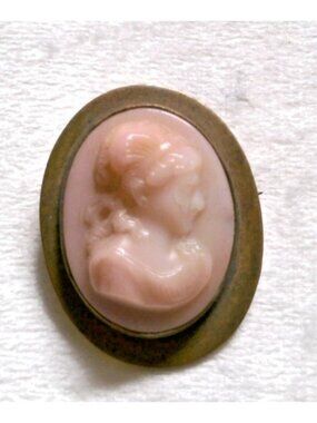 Vintage Pink Celluloid Cameo Brooch Pin Crazed Antique Victorian Style 1.25"